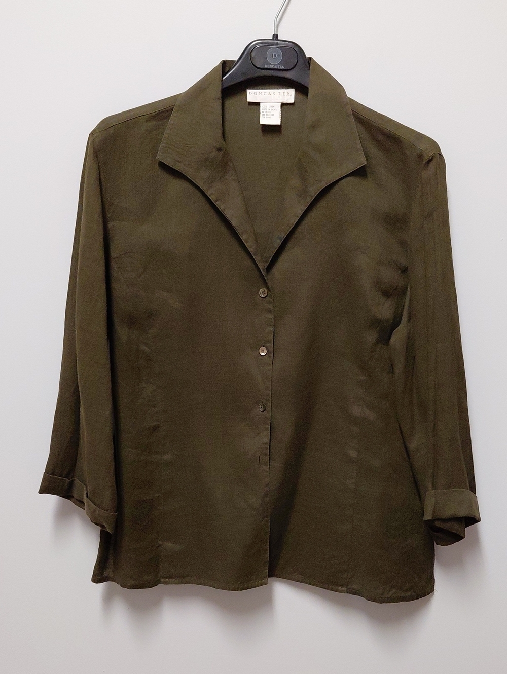 Doncaster Olive Green Lightweight Button-Front Blouse, Size 16
